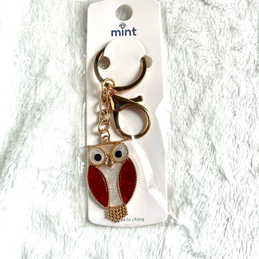 Mint Red and Gold Owl Keychain/Bag Charm